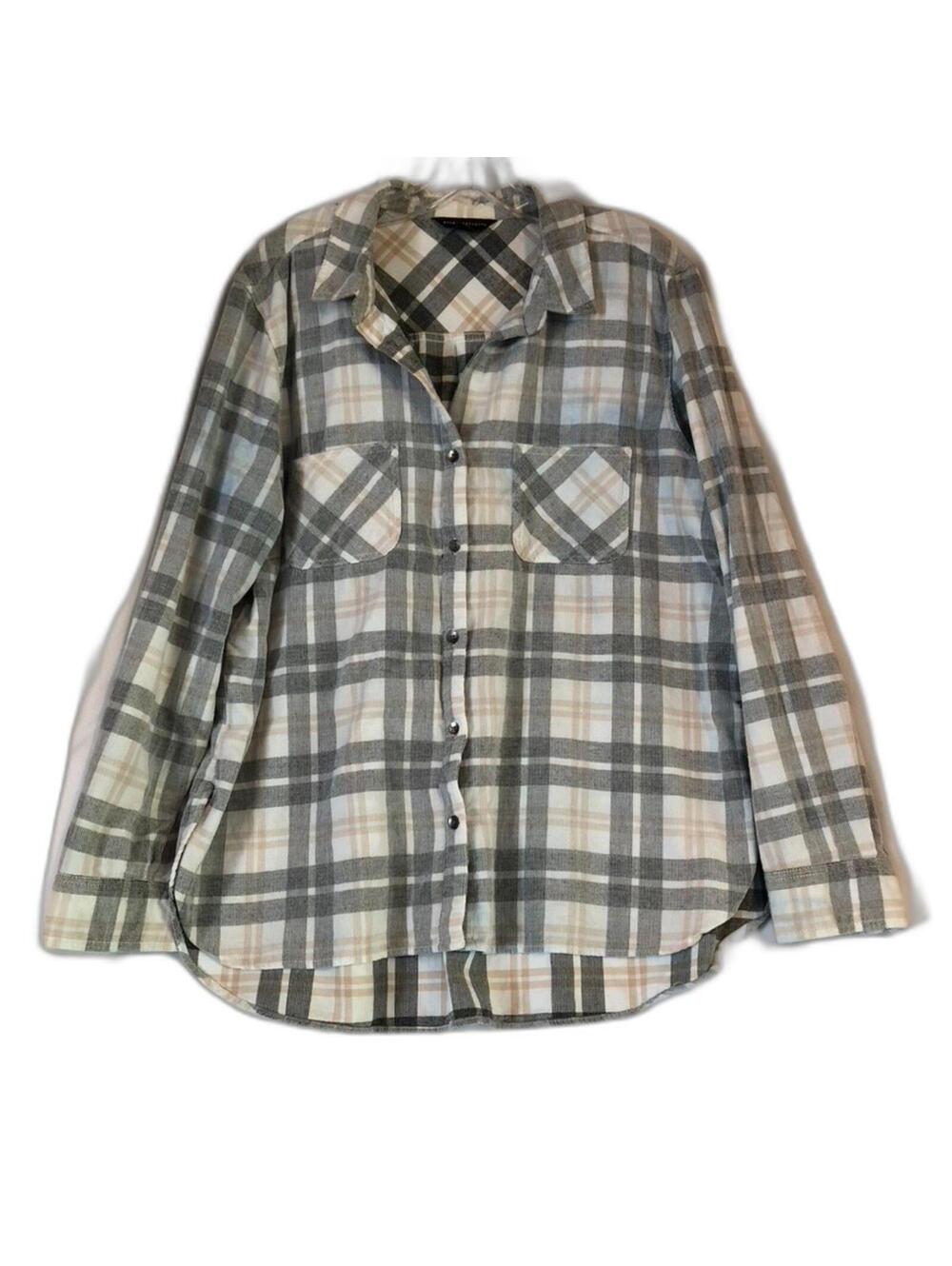 Rock & Republic Shirt Womens XL Gray Plaid Button Up Long Sleeve Pocket Casual